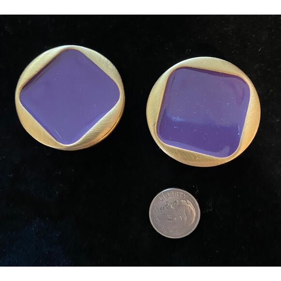 Georgiou Large Vintage Gold Tone & Purple Designer Statement Clip Earrings 1.25" - Picture 2 of 5